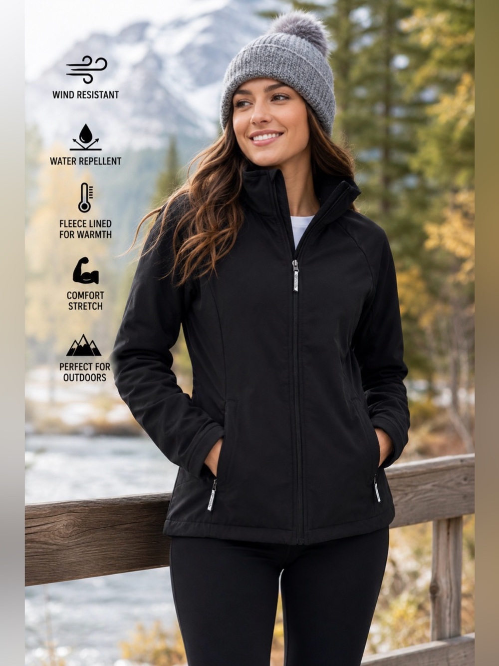 Columbia Full Zip Softshell Jacket Women's small Black Mock Neck Fleece Lined